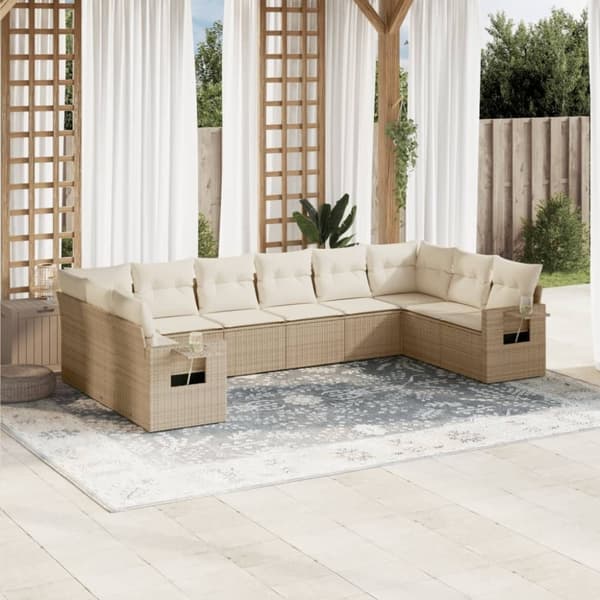 vidaXL Soffgrupp för trädgård med dynor 10 delar beige konstrotting
