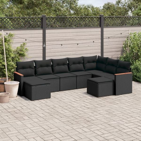 vidaXL sofasæt til haven 9 dele med hynder polyrattan sort