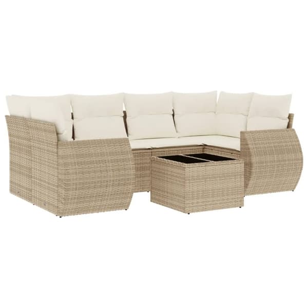 vidaXL Matgrupp för trädgården med dynor 7 delar beige konstrotting