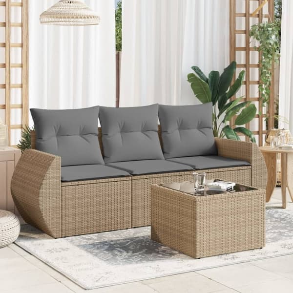 vidaXL Soffgrupp för trädgård med dynor 4 delar beige konstrotting