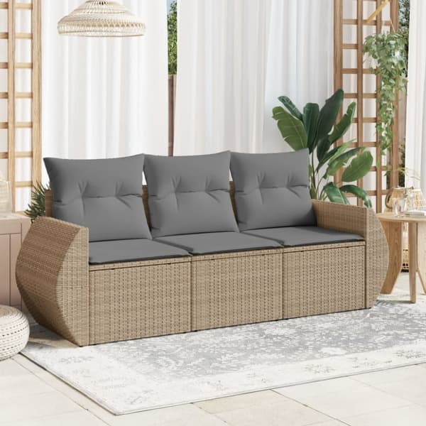 vidaXL Soffgrupp för trädgården 3 delar med dynor beige konstrotting