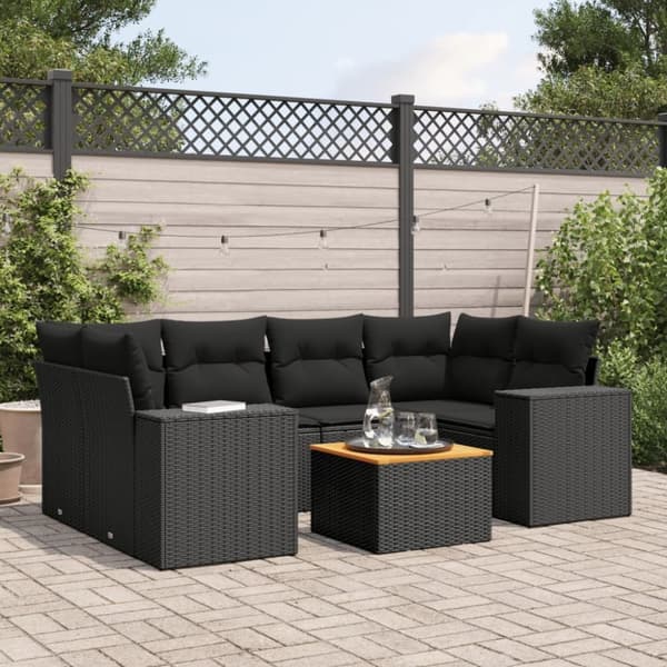 vidaXL sofasæt til haven 7 dele med hynder polyrattan sort