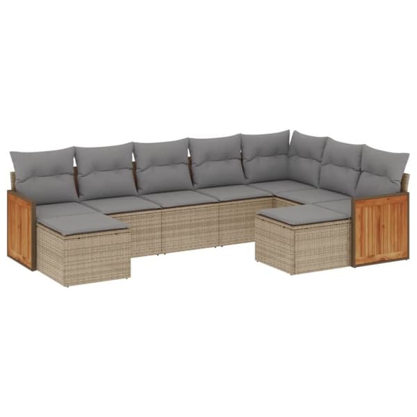 vidaXL Soffgrupp för trädgården med dynor 9 delar beige konstrotting