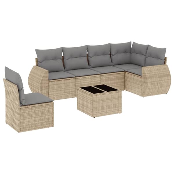 vidaXL Matgrupp för trädgården med dynor 7 delar beige konstrotting