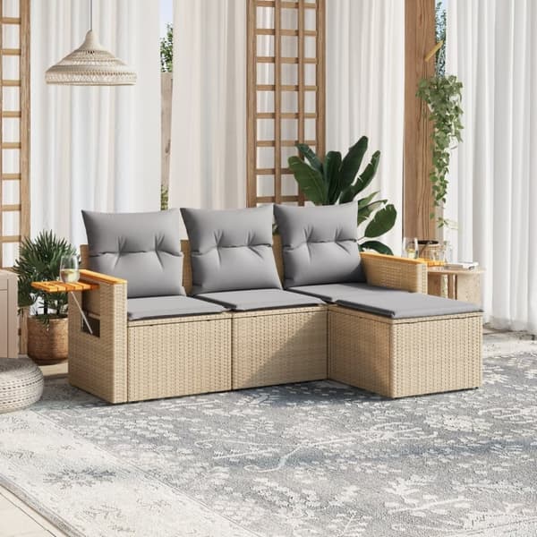 vidaXL Soffgrupp för trädgård med dynor 4 delar beige konstrotting