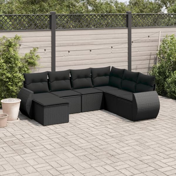 vidaXL sofasæt til haven 7 dele med hynder polyrattan sort