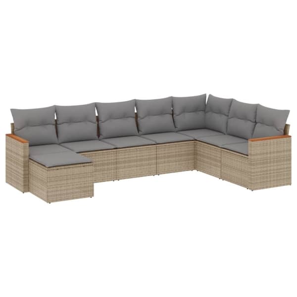 vidaXL Matgrupp för trädgården med dynor 8 delar beige konstrotting