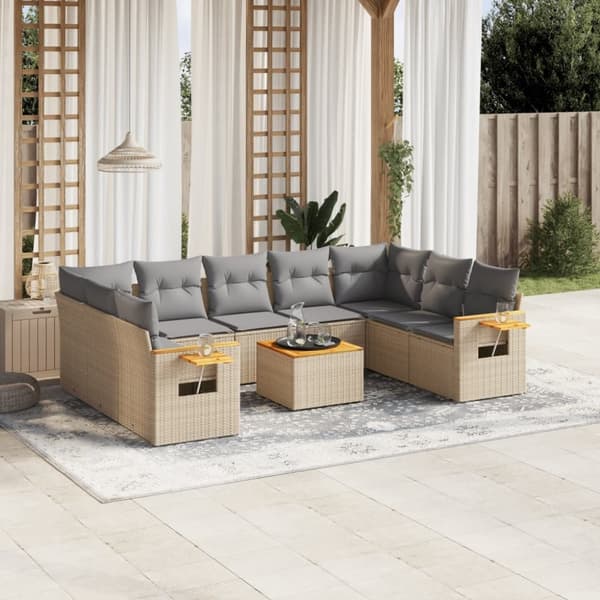 vidaXL Soffgrupp för trädgård med dynor 10 delar beige konstrotting