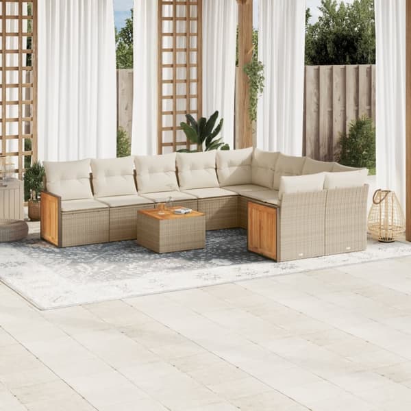 vidaXL Soffgrupp för trädgård med dynor 10 delar beige konstrotting