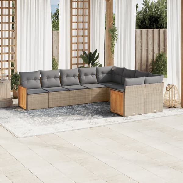 vidaXL Soffgrupp för trädgården med dynor 9 delar beige konstrotting