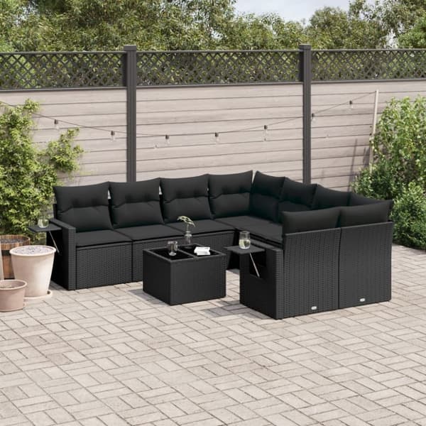 vidaXL sofasæt til haven 9 dele med hynder polyrattan sort