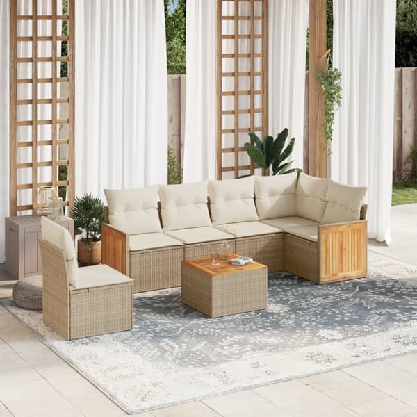 vidaXL Matgrupp för trädgården med dynor 7 delar beige konstrotting
