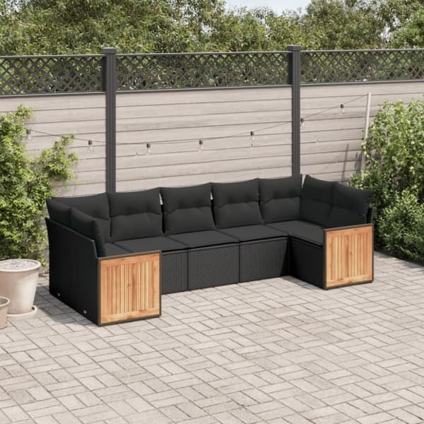 vidaXL sofasæt til haven 7 dele med hynder polyrattan sort