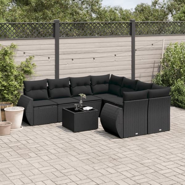 vidaXL sofasæt til haven 9 dele med hynder polyrattan sort