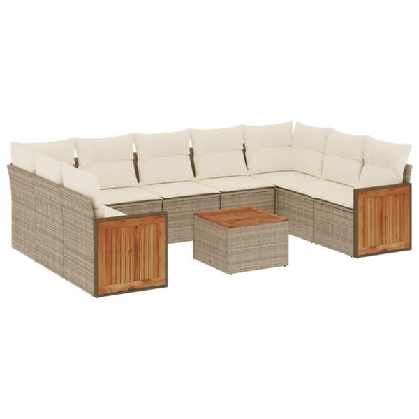 vidaXL Soffgrupp för trädgård med dynor 10 delar beige konstrotting