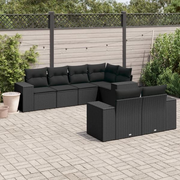 vidaXL sofasæt til haven 7 dele med hynder polyrattan sort