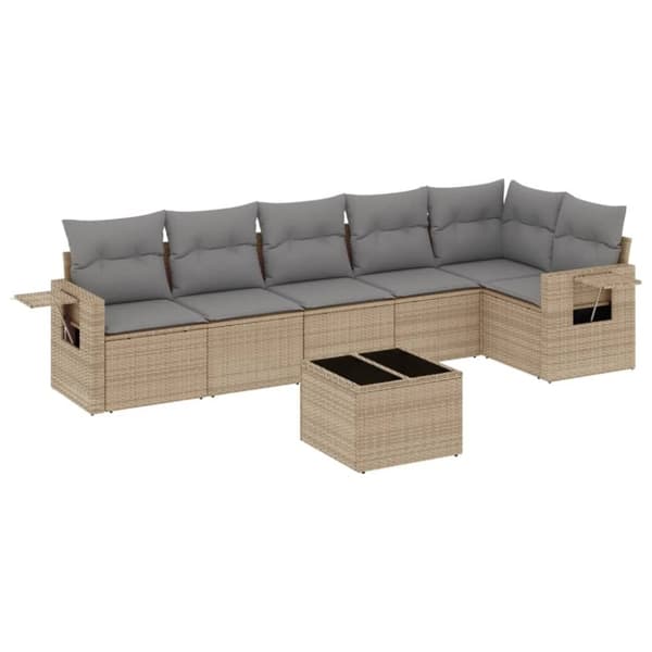 vidaXL Matgrupp för trädgården med dynor 7 delar beige konstrotting
