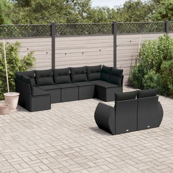 vidaXL sofasæt til haven 9 dele med hynder polyrattan sort