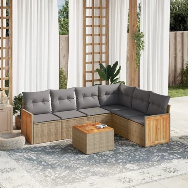 vidaXL Matgrupp för trädgården med dynor 7 delar beige konstrotting