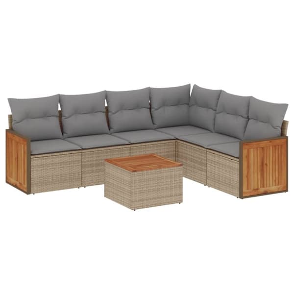 vidaXL Matgrupp för trädgården med dynor 7 delar beige konstrotting
