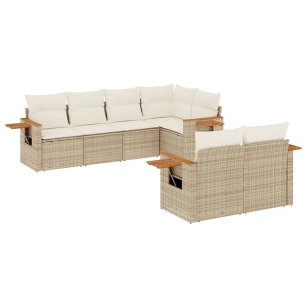 vidaXL Matgrupp för trädgården med dynor 7 delar beige konstrotting