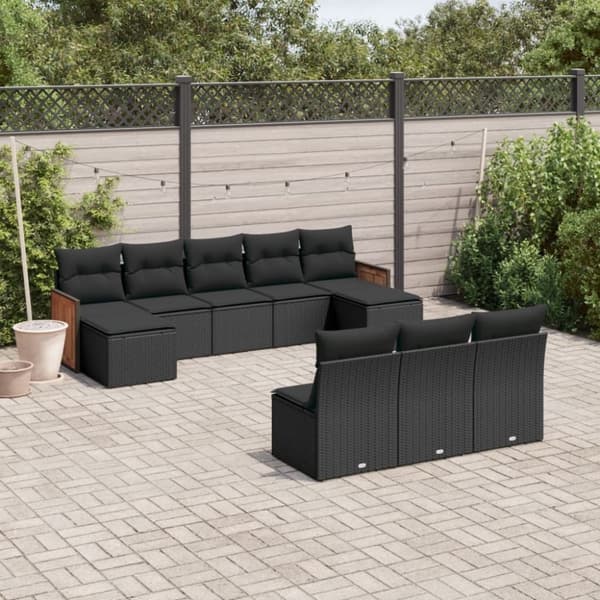 vidaXL sofasæt til haven 10 dele med hynder polyrattan sort