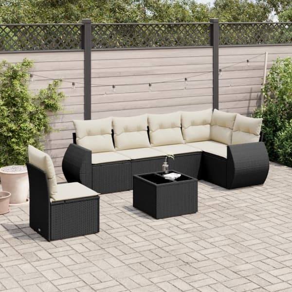 vidaXL sofasæt til haven 7 dele med hynder polyrattan sort