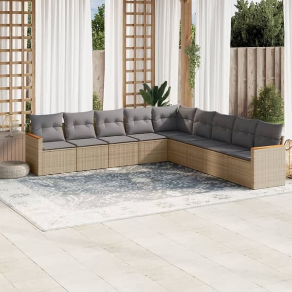 vidaXL Soffgrupp för trädgården med dynor 9 delar beige konstrotting