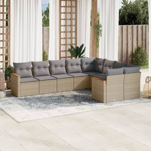 vidaXL Soffgrupp för trädgården med dynor 9 delar beige konstrotting