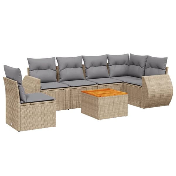 vidaXL Matgrupp för trädgården med dynor 7 delar beige konstrotting
