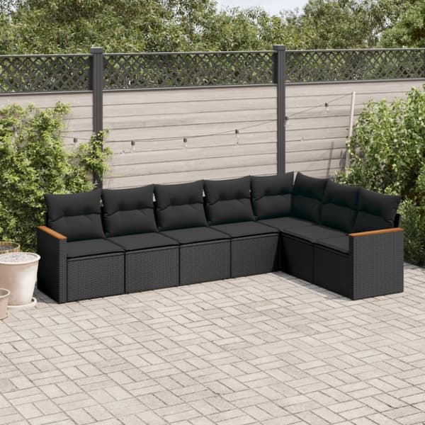 vidaXL sofasæt til haven 7 dele med hynder polyrattan sort