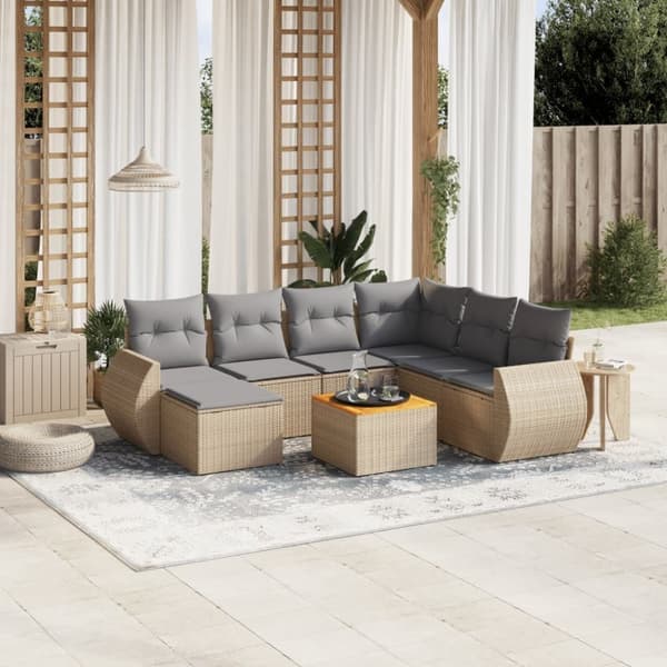 vidaXL Matgrupp för trädgården med dynor 8 delar beige konstrotting