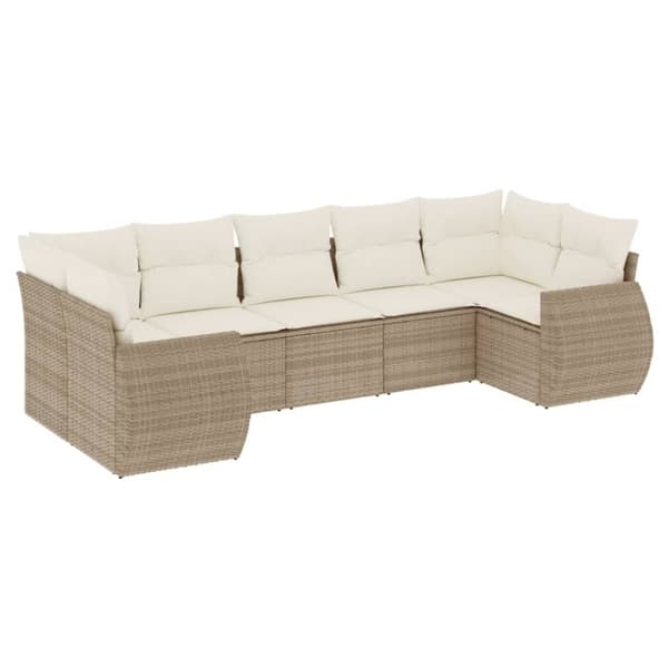 vidaXL Matgrupp för trädgården med dynor 7 delar beige konstrotting