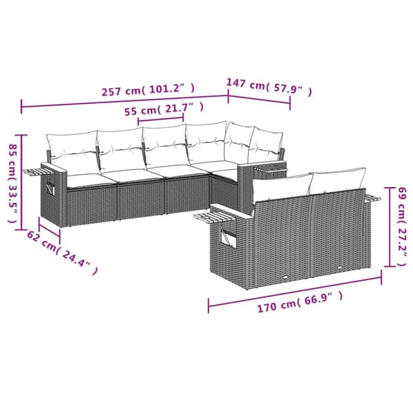 vidaXL sofasæt til haven 7 dele med hynder polyrattan sort