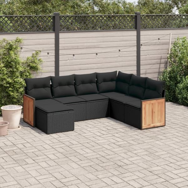 vidaXL sofasæt til haven 7 dele med hynder polyrattan sort
