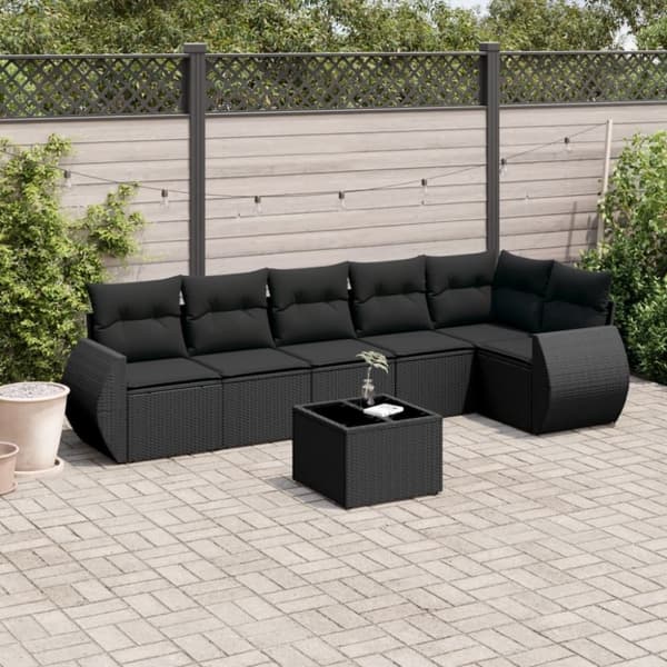 vidaXL sofasæt til haven 7 dele med hynder polyrattan sort