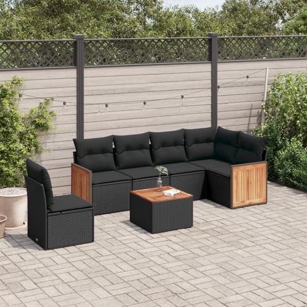 vidaXL sofasæt til haven 7 dele med hynder polyrattan sort
