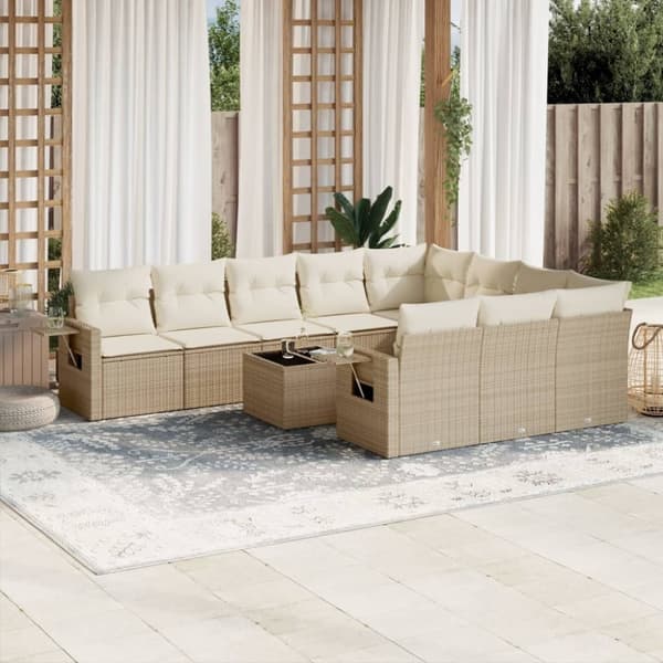 vidaXL Loungegrupp för trädgården m. dynor 11 delar beige konstrotting