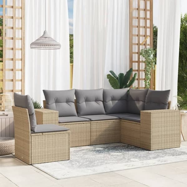 vidaXL Soffgrupp för trädgården med dynor 5 delar beige konstrotting