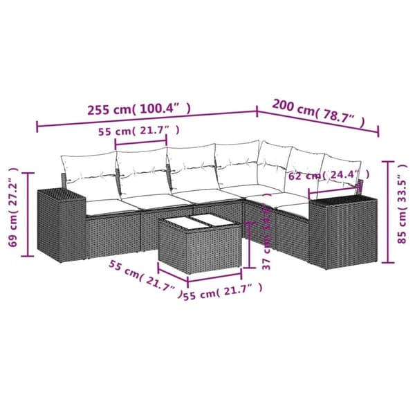 vidaXL sofasæt til haven 7 dele med hynder polyrattan sort