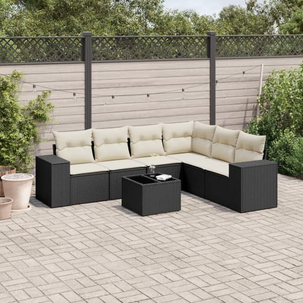 vidaXL sofasæt til haven 7 dele med hynder polyrattan sort