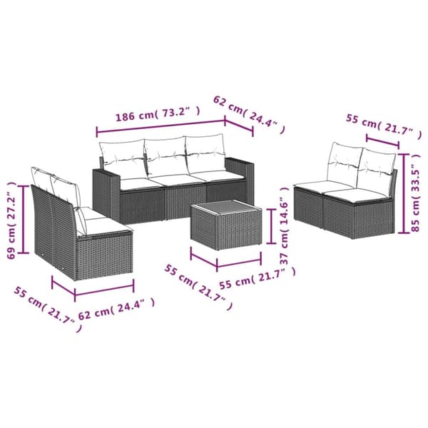 vidaXL sofasæt til haven 8 dele med hynder polyrattan sort