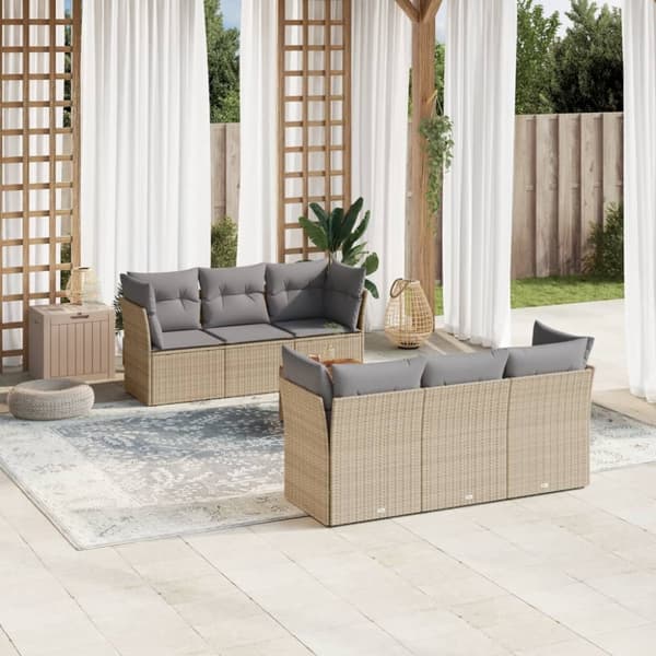 vidaXL havesofasæt 7 dele med hynder polyrattan beige
