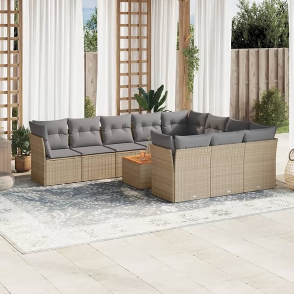 vidaXL havesofasæt 11 dele med hynder polyrattan beige