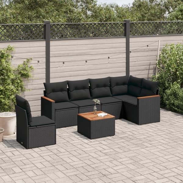 vidaXL sofasæt til haven 7 dele med hynder polyrattan sort