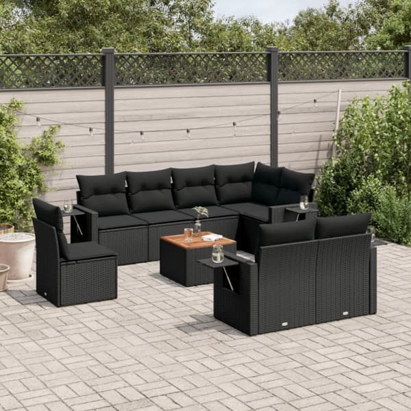 vidaXL sofasæt til haven 9 dele med hynder polyrattan sort
