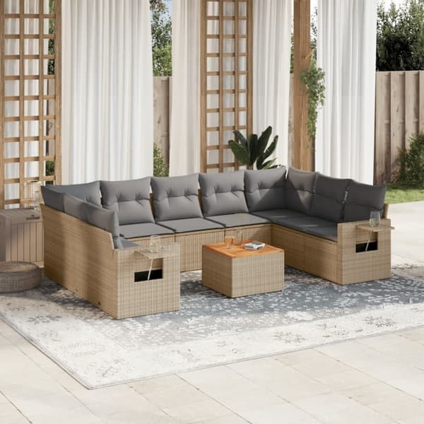vidaXL havesofasæt 10 dele med hynder polyrattan beige