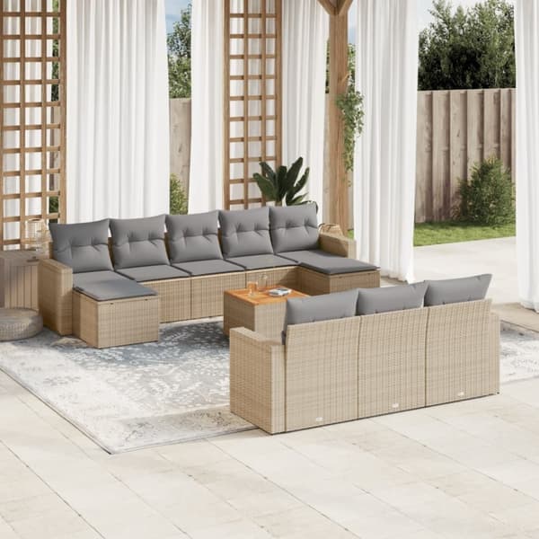 vidaXL havesofasæt 11 dele med hynder polyrattan beige