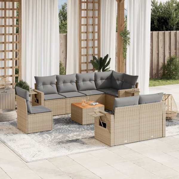 vidaXL spisebordssæt til haven 9 dele med hynder polyrattan beige
