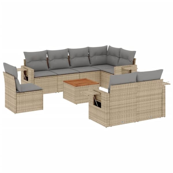 vidaXL spisebordssæt til haven 9 dele med hynder polyrattan beige